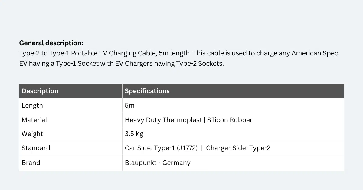Premium Type-2 to Type-1 Portable Charging Cable