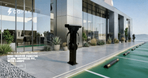 COPAK dual EV charger pedestal stand with two protective canopies for mounting two chargers.