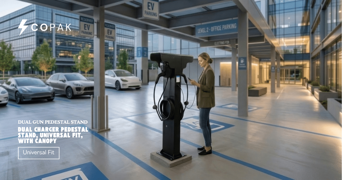 COPAK dual EV charger pedestal stand with two protective canopies for mounting two chargers