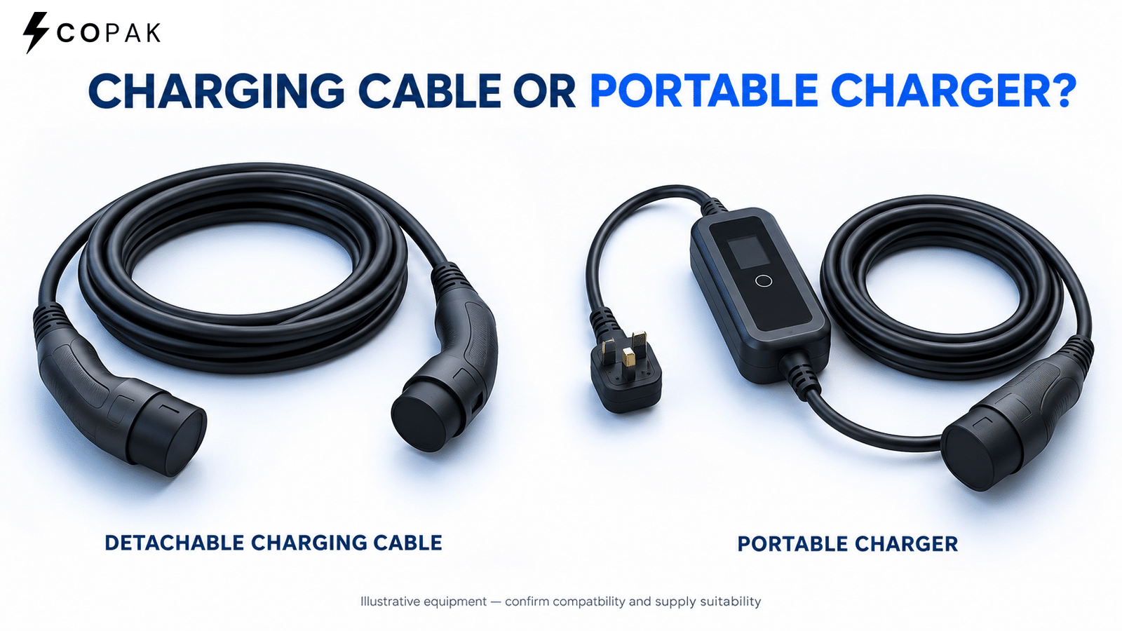 Illustration comparing a detachable EV charging cable with a portable charger containing an inline control unit.