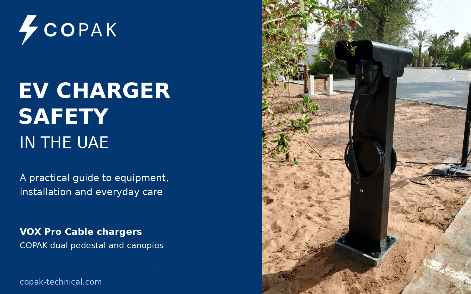 EV charger Safety - Outdoor COPAK dual charger pedestal installation with protective canopies and a VOX Pro Cable charger visible.