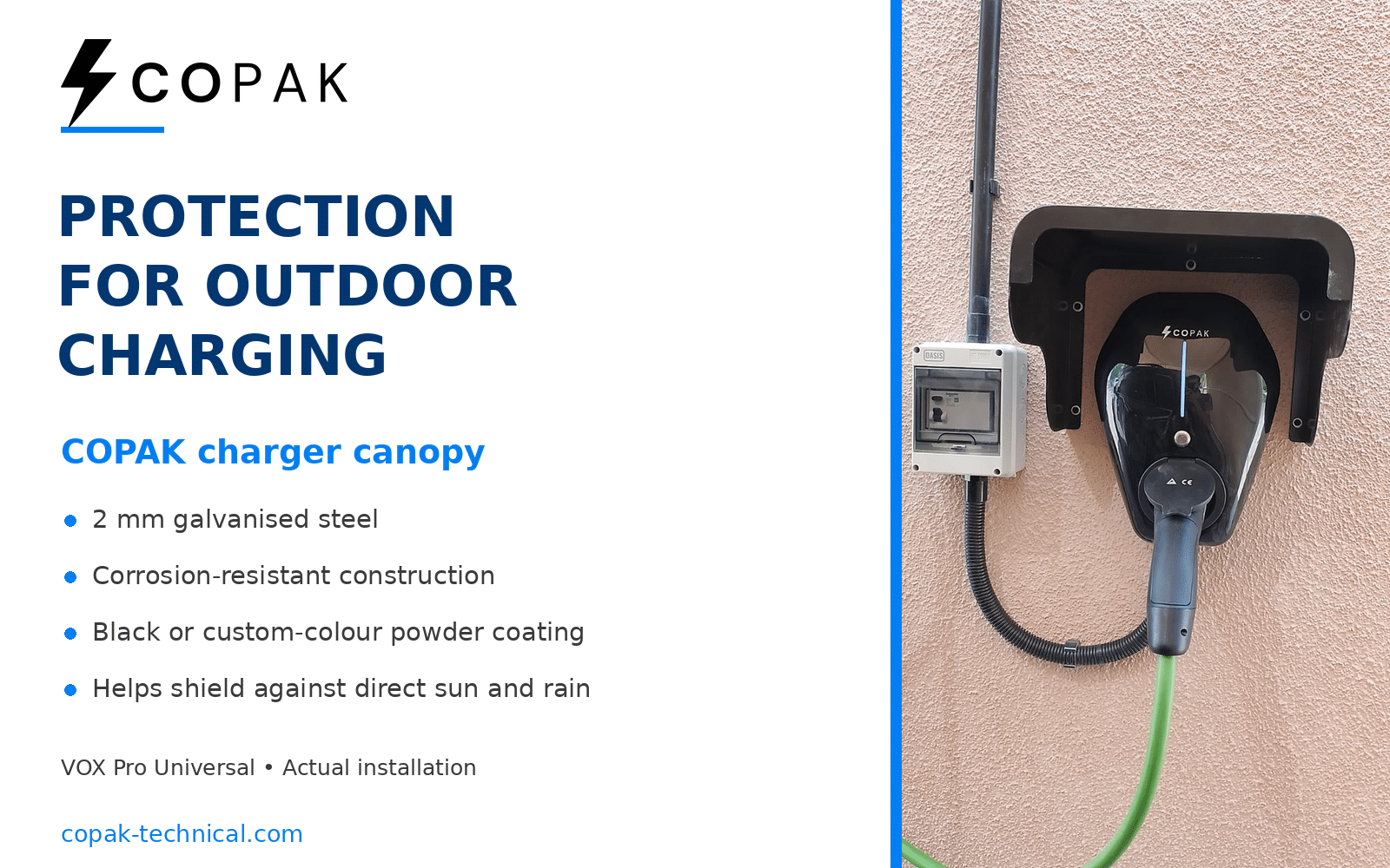 COPAK VOX Pro Universal charger installed outdoors beneath a black powder-coated metal canopy, with a green charging cable connected.